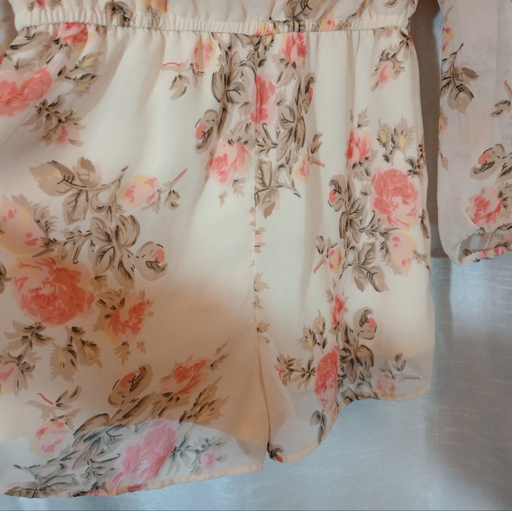 Wet Seal Vintage Romper, Long Sleeve Orange/Ivory/Green See thru Floral, L - Picture 8 of 13